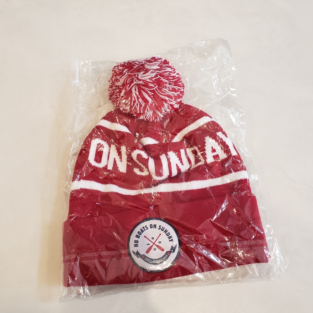 Brand new red and white No boats on a Sunday winter hat/ toque/ beanie
